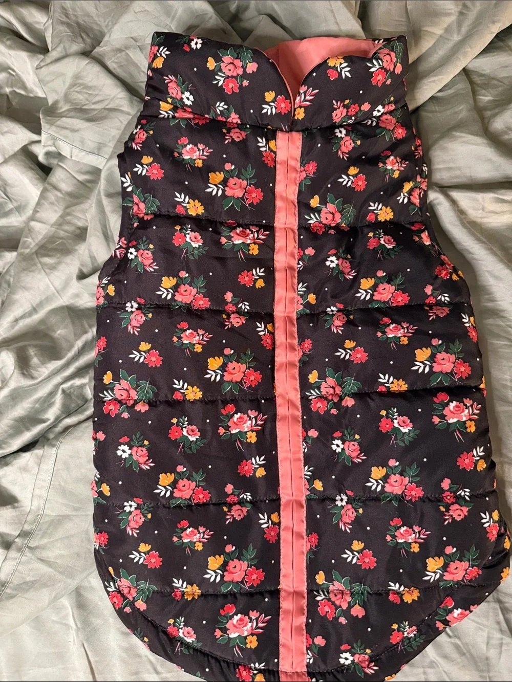 Play On! XL Dog Puffer Vest Coat Black Floral Pink Quilted Winter Jacket